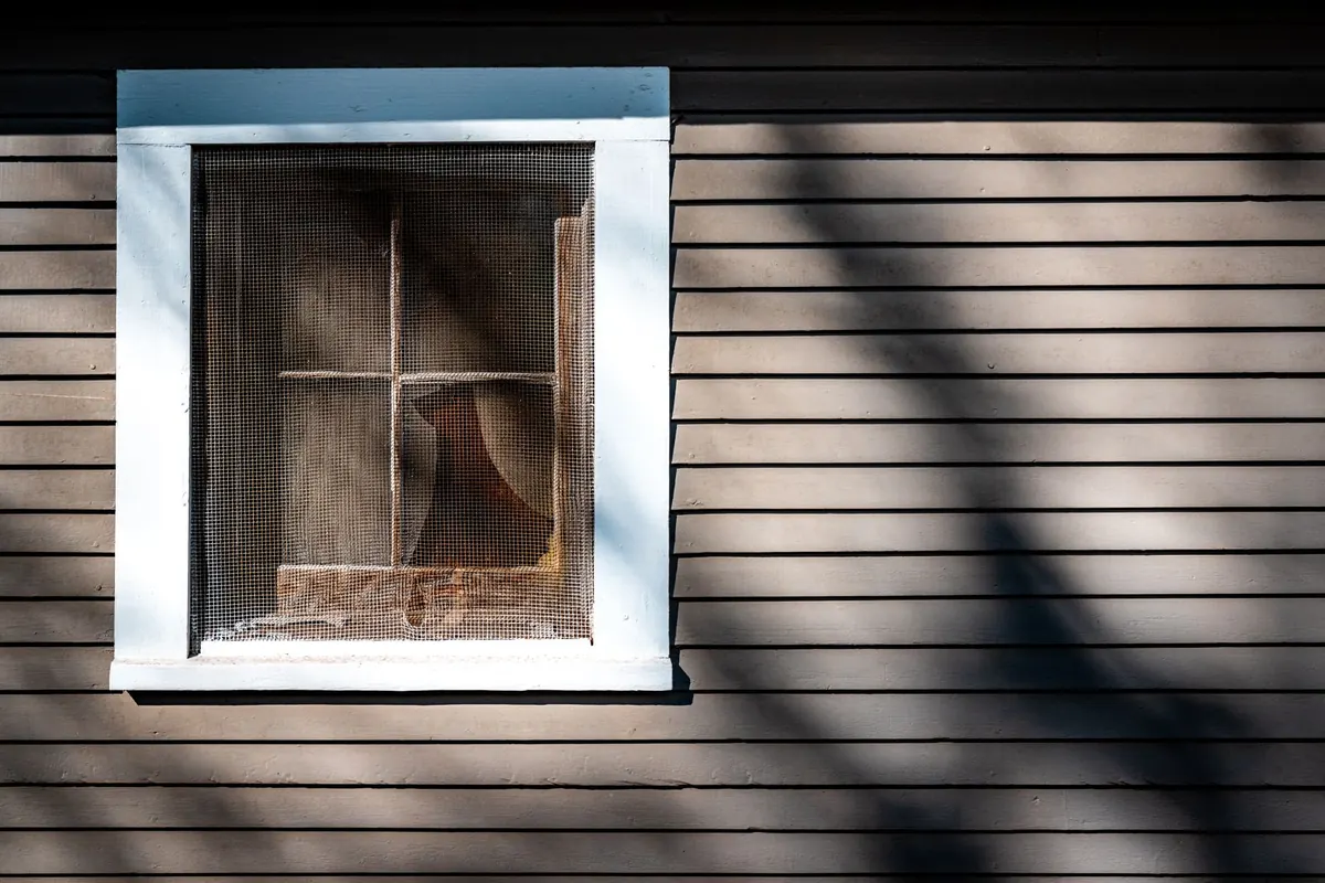 Hard afternoon sun throwing sharp shadows across a window and lap siding