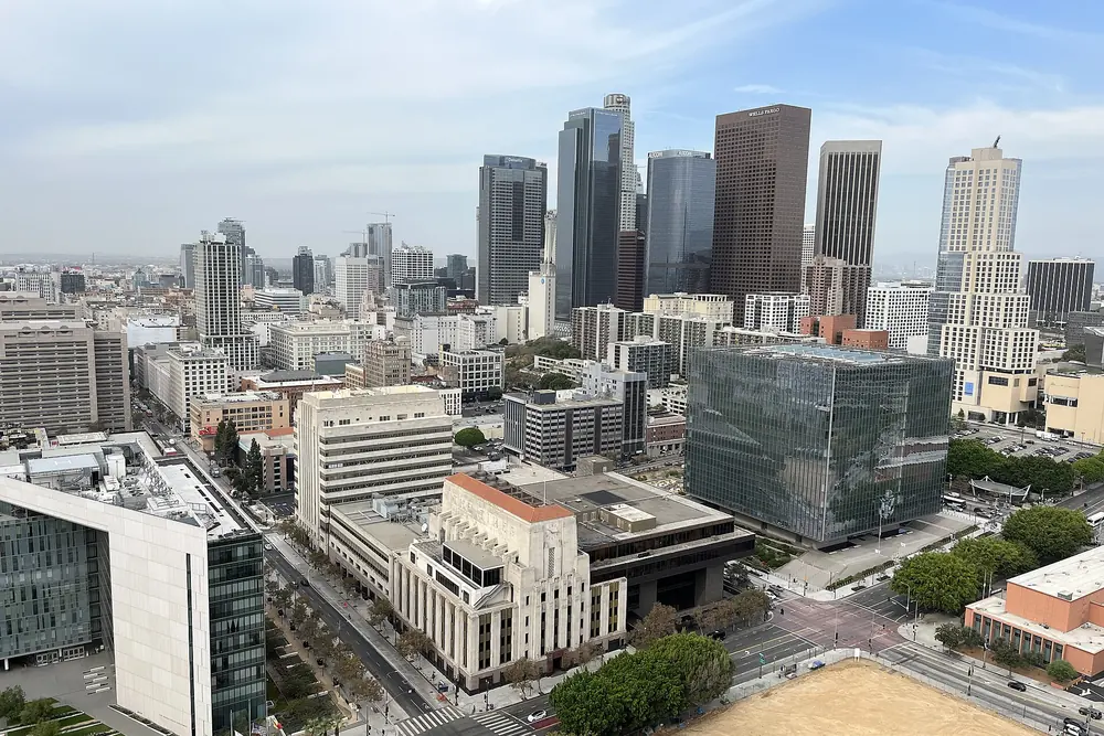 Downtown Los Angeles office towers and the Civic Center seen from high above on a clear day