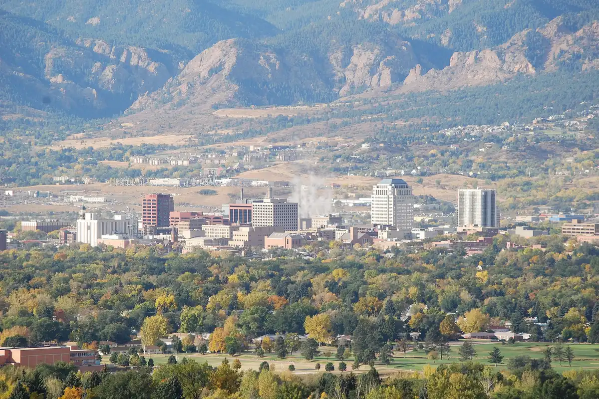 Downtown Colorado Springs in front of the Front Range foothills