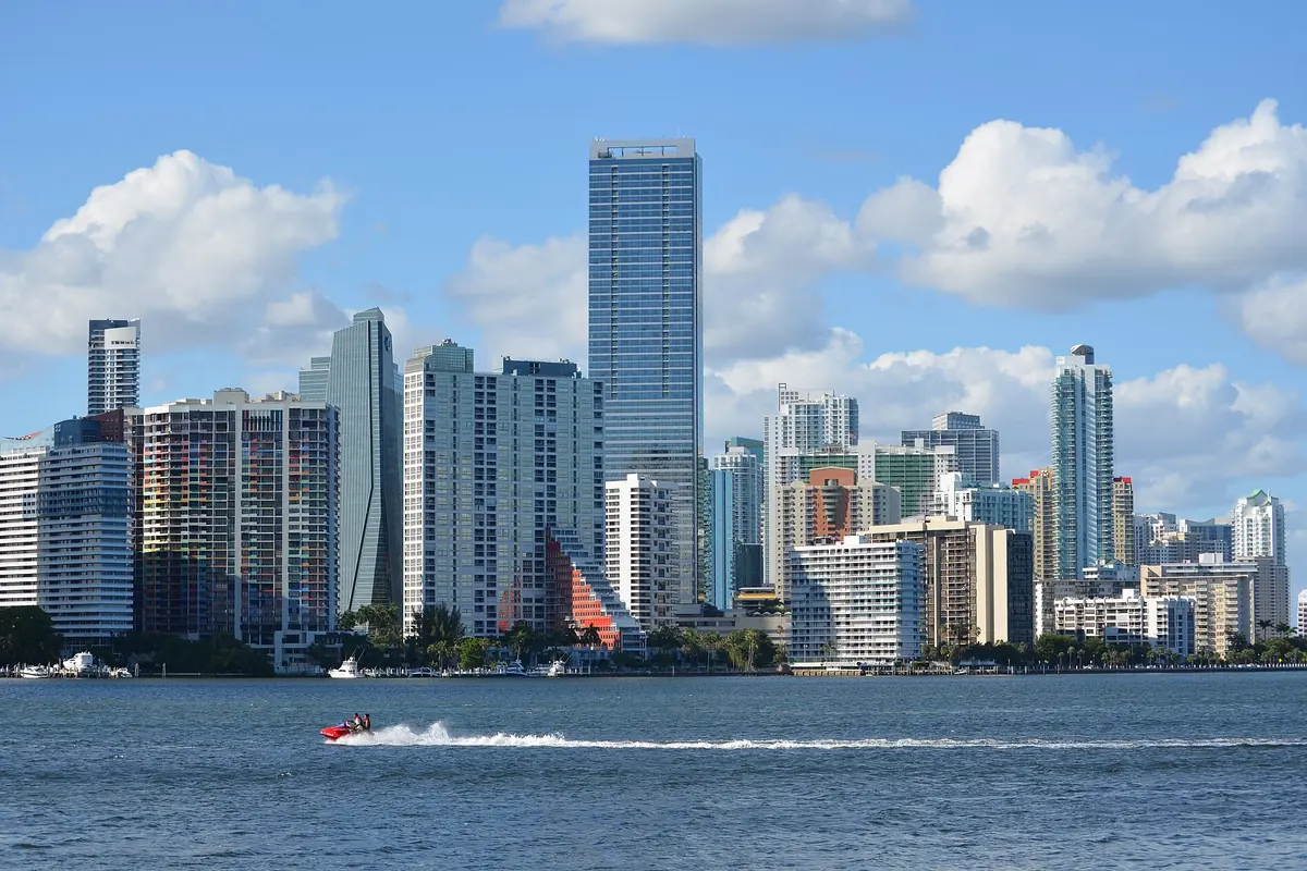 Brickell's glass towers across the water of Biscayne Bay in Miami