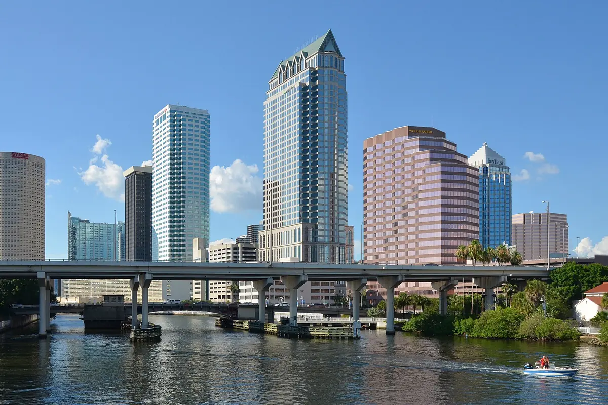 Downtown Tampa's towers above the Hillsborough River on a clear day