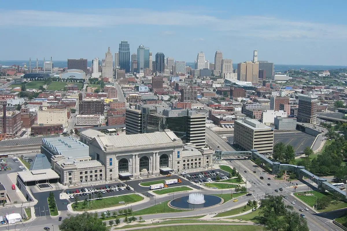 Kansas City's Union Station, with the downtown skyline behind it, seen from above