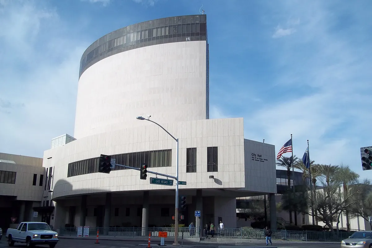 The curved white Las Vegas City Hall building downtown, seen from the south-east on a clear day