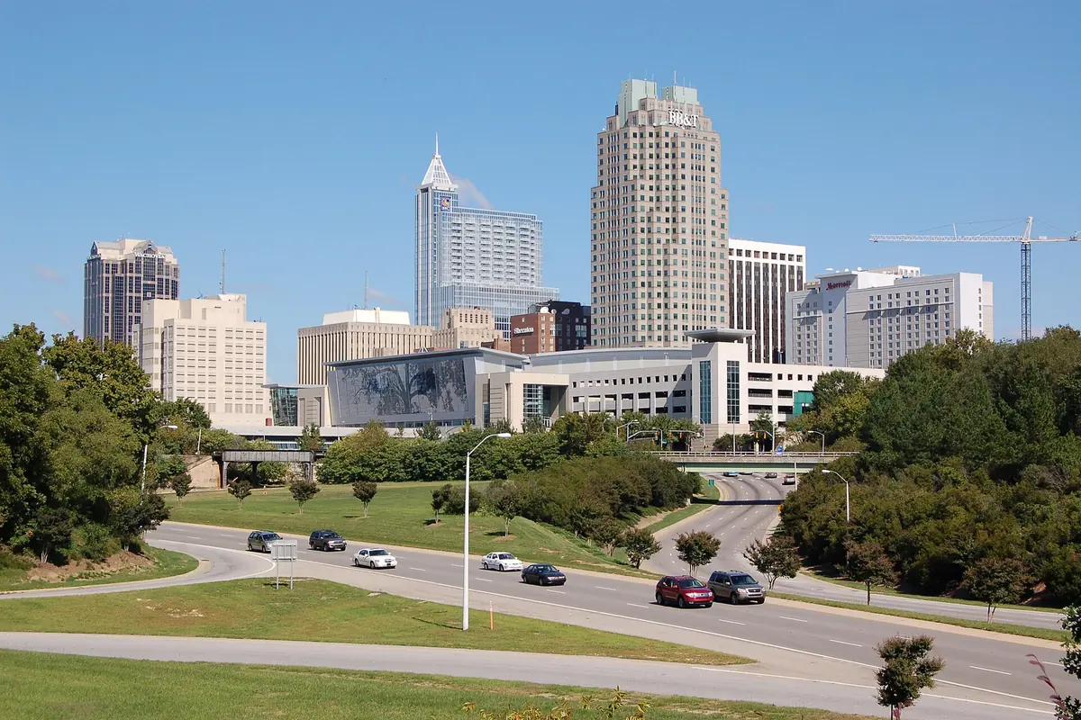 Downtown Raleigh's towers seen from the Western Boulevard overpass