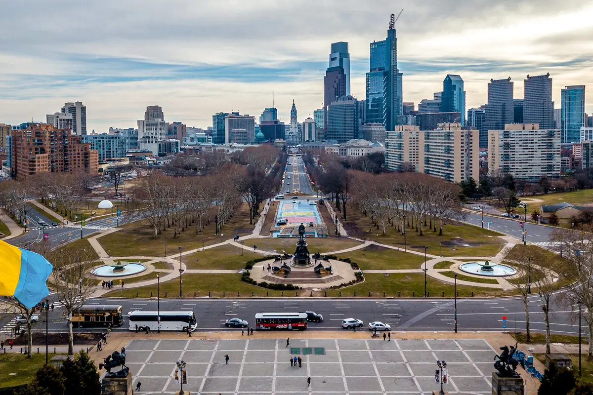 Center City Philadelphia's towers at the far end of the Benjamin Franklin Parkway