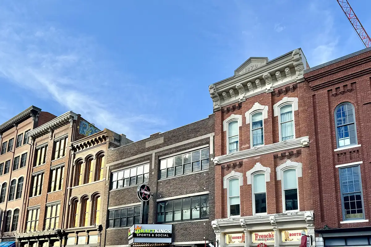 Restored brick and cast-iron storefronts along Second Avenue in downtown Nashville
