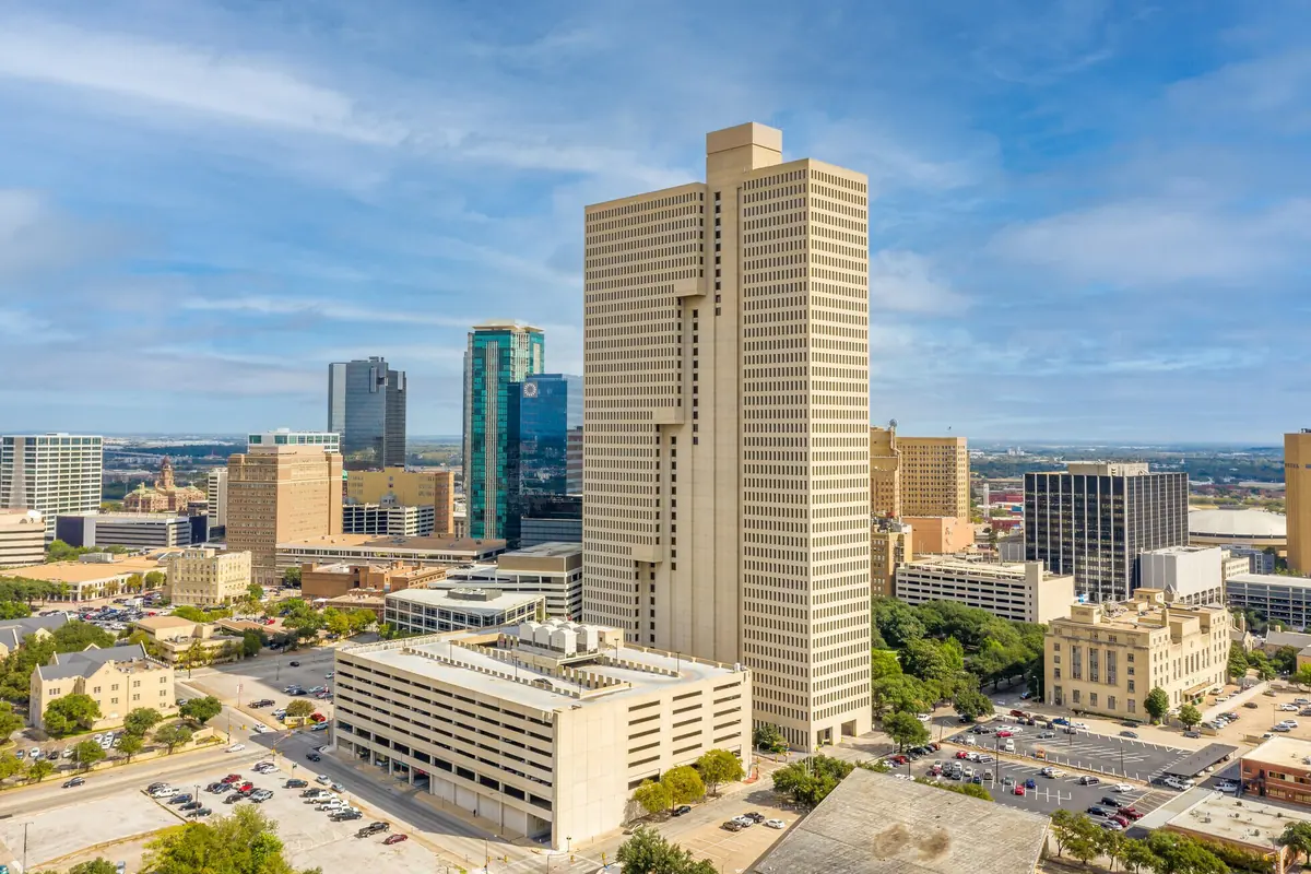 Burnett Plaza and the office towers of downtown Fort Worth seen from above on a sunny day