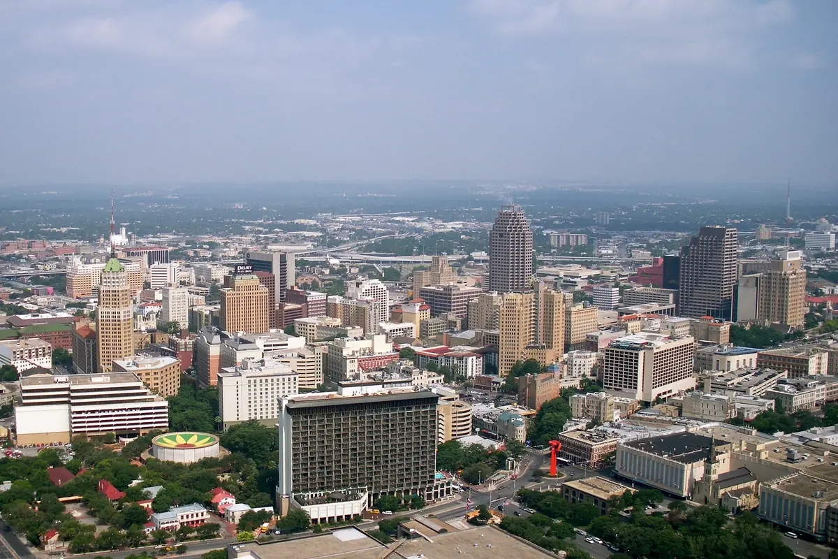 Downtown San Antonio's hotel and office towers spread out below a high viewpoint