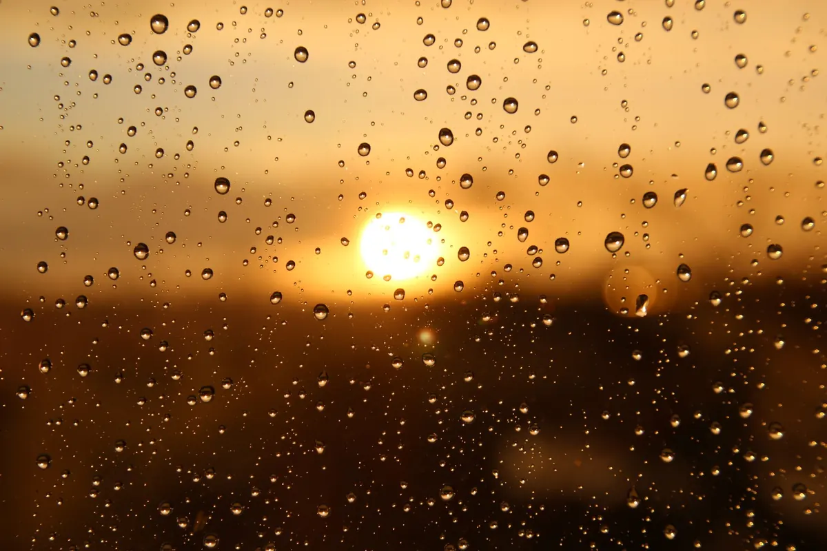 Low sun seen through water droplets on glass